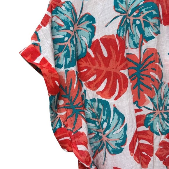 Kim Rogers Top Plus Size 2X Tropical Leaf Coral Turquoise Short Sleeve Tunic - Picture 7 of 9